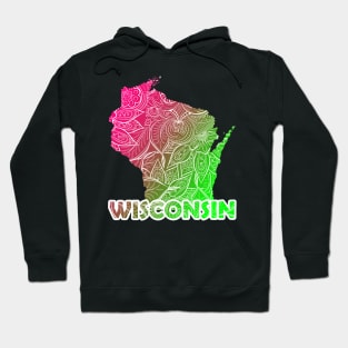 Colorful mandala art map of Wisconsin with text in pink and green Hoodie